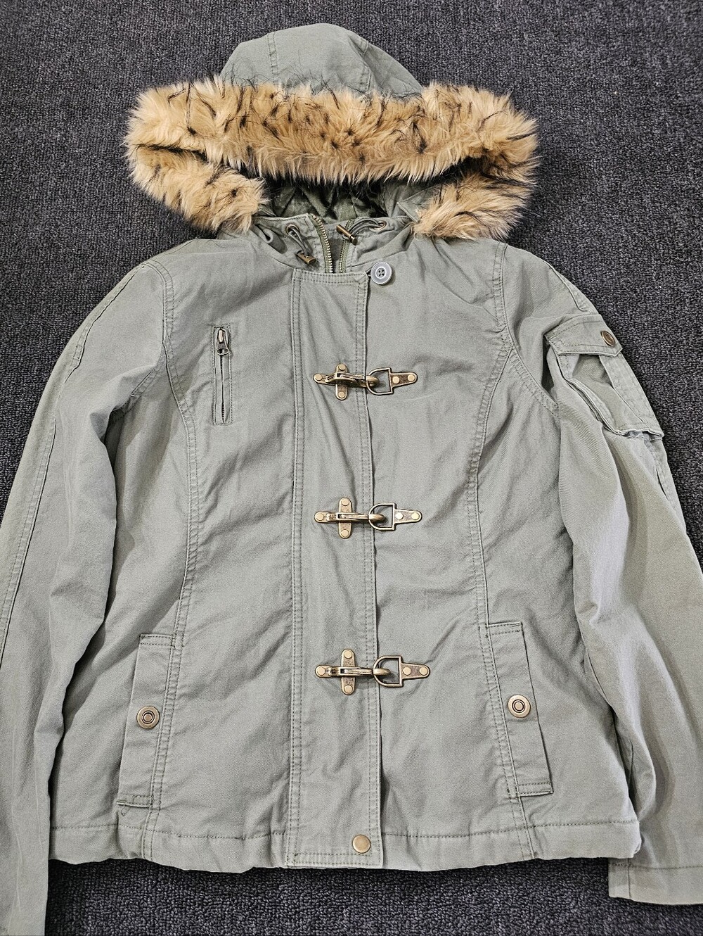 Old Navy Women's Olive Green Hooded Utility Jacket with Faux Fur Trim Size M